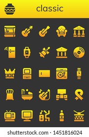 classic icon set. 26 filled classic icons.  Collection Of - Arcade game, Vase, Guitar, Armchair, Courthouse, Fridge, Wristwatch, Bell, Museum, Vinyl, Crown, Old computer, Type