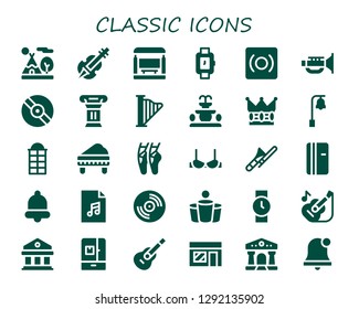  classic icon set. 30 filled classic icons. Simple modern icons about  - Tipi, Violin, Bus stop, Wristwatch, Record, Jazz, Vinyl, Column, Harp, Fountain, Crown, Bell, Phone booth