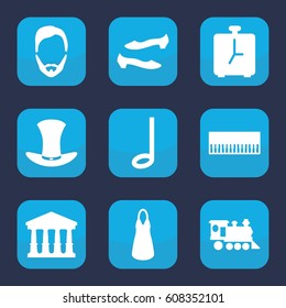 Classic icon. set of 9 filled classic icons such as court, man hairstyle, shoe, dress, locomotive, music note, hat, alarm