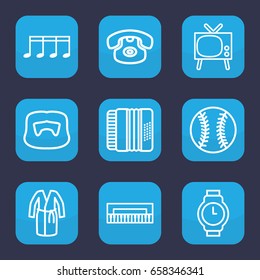 Classic icon. set of 9 outline classic icons such as man hairstyle, dress, harmonic, music note, wrist watch, baseball, desk phone, tv