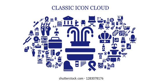  classic icon set. 93 filled classic icons. Simple modern icons about  - Fountain, Ribbon, Museum, Chair, Flute, Arcade machine, Piano, Lighter, Bell, Top hat, Lantern, Trombone