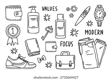 Classic icon set with cigar watch jeans briefcase wallet notebook medal sneaker skincare key words focus modern gears stars bow tie line art monochrome hand drawn. Vector illustration.