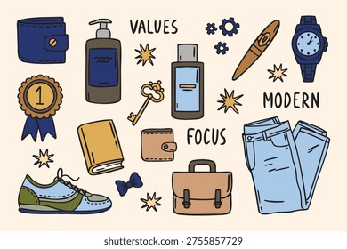 Classic icon set with cigar watch jeans briefcase wallet notebook medal sneaker skincare key words focus modern gears stars bow tie. Vector illustration.