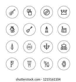 Classic icon set. collection of 16 outline classic icons with backpack, ball, ballet, barber, chandelier, dulcimer, electric guitar, crown, drum, lighter, guitar, king icons.