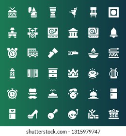 classic icon set. Collection of 36 filled classic icons included Museum, Wake up, Vinyl, Banjo, Heels, Refrigerator, Fridge, Bell, Militar, Fountain, Top hat, Alarm clock, Harp