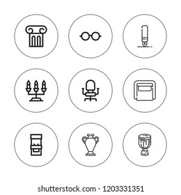 Classic icon set. collection of 9 outline classic icons with arcade machine, armchair, candelabra, chair, column, djembe, eyeglasses, ink pen icons. editable icons.