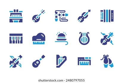 Classic icon set. Duotone color. Vector illustration. Containing violin, classic, ballerina, viola, piano, harp, accordion, ballet, lyre, mandolin.