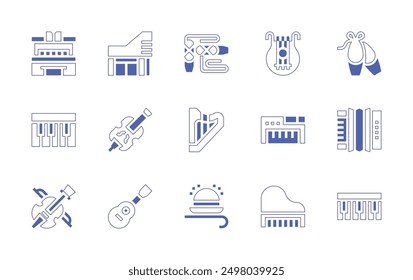 Classic icon set. Duotone style line stroke and bold. Vector illustration. Containing violin, classic, ballerina, viola, lyre, piano, harp, accordion, cello, grandpiano, ballet, museum.