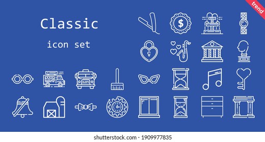 classic icon set. line icon style. classic related icons such as fountain, broom, saxophone, food truck, sculpture, clock, label, bell, padlock, glasses, music, bow tie, museum, barn, watch
