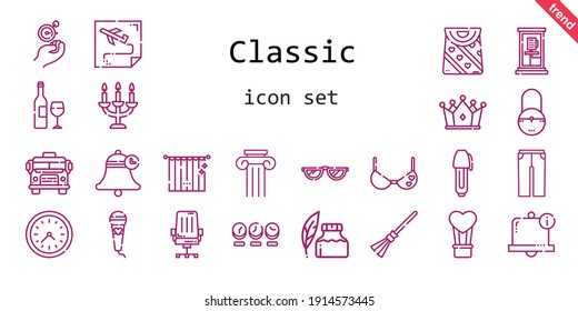 classic icon set. line icon style. classic related icons such as chair, broom, curtains, trousers, ink pen, column, bag, wall clock, clock, phone box, padlock, bell, glasses, bra, hot air balloon