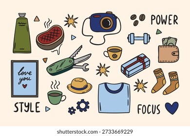 Conjunto de iconos clásicos con cámara de bistec multiherramienta marco de amor calcetines billetera de regalo mancuernas granos de café engranajes corazón camisa sombrero taza caliente. Ilustración vectorial.