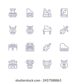 Classic icon set. Thin line icon. Editable stroke. Containing piano, harp, radio, corinthianpillar, cello, lyre, violin, grandpiano.