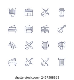 Classic icon set. Thin line icon. Editable stroke. Containing piano, violin, accordion, radio, lyre, grandpiano, mandolin, harp, pillar, column, fiddle.