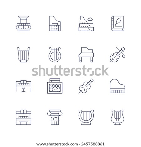 Classic icon set. Thin line icon. Editable stroke. Containing piano, harp, radio, corinthianpillar, cello, lyre, violin, grandpiano.