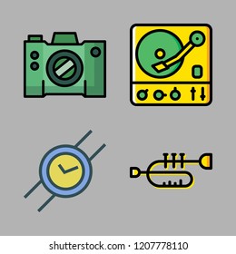 classic icon set. vector set about trumpet, camera, turntable and wristwatch icons set.