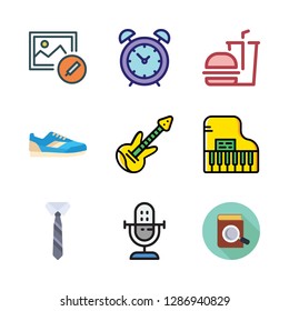 classic icon set. vector set about hamburger, electric guitar, sneaker and alarm clock icons set.