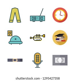 classic icon set. vector set about microphone, clock, alarm clock and trousers icons set.