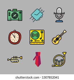 classic icon set. vector set about trumpet, camera, turntable and clock icons set.