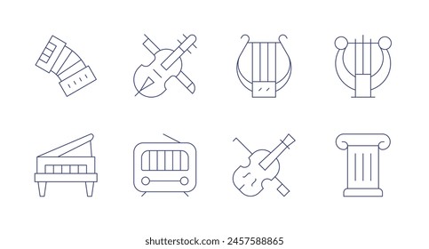 Classic icons. Editable stroke. Containing violin, accordion, radio, piano, harp, column.