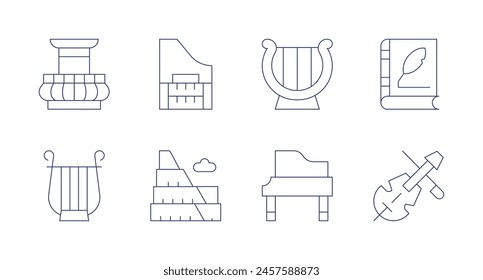 Classic icons. Editable stroke. Containing balcony, harpsichord, piano, harp, colosseum, violin, classic.