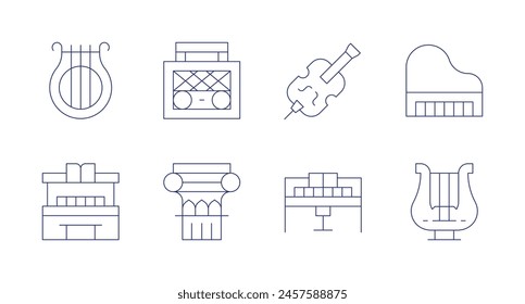 Classic icons. Editable stroke. Containing radio, piano, corinthianpillar, cello, lyre, grandpiano, harp.