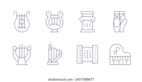 Classic icons. Editable stroke. Containing harp, accordion, lyre, piano, ballet, pillar.