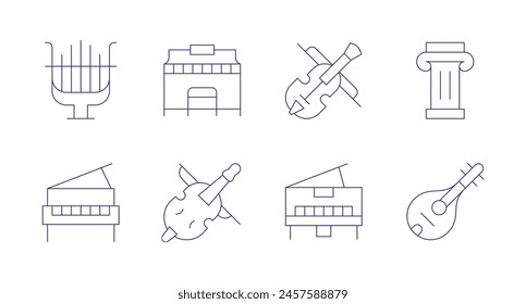 Classic icons. Editable stroke. Containing piano, lyre, violin, grandpiano, mandolin, pillar, fiddle.