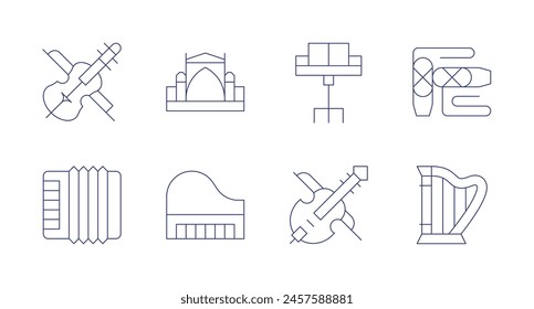 Classic icons. Editable stroke. Containing accordion, piano, violin, museum, harp, ballet, musicstand.