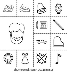 Classic icons. set of 13 editable outline classic icons such as no wash, dress, piano, musical pipe, music note, cabriolet, table lamp, wrist watch, bell, desk phone