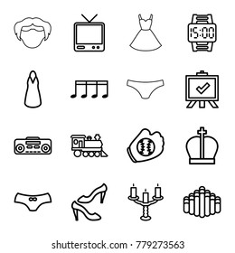 Classic icons. set of 16 editable outline classic icons such as shoe, female underwear, dress, board, locomotive, tv, record player, harmonica, music note, candlestick