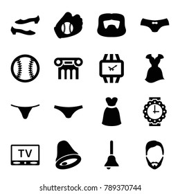 Classic icons. set of 16 editable filled classic icons such as man hairstyle, shoe, female underwear, tv, bell, baseball glove, baseball, wrist watch for woman, wrist watch