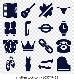 Classic icons set. set of 16 classic filled icons such as no wash, shoe, female underwear, dress, music note, piano, guitar, harmonic, desk phone, ballet shoes, chain