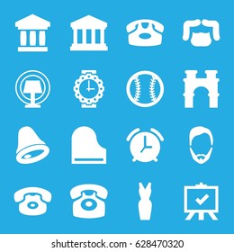 Classic icons set. set of 16 classic filled icons such as arch, desk phone, man hairstyle, dress, board, piano, court building, table lamp, baseball, wrist watch for woman