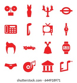 Classic icons set. set of 16 classic filled icons such as man hairstyle, female underwear, dress, desk phone, bank, music note, disc and music note, cabriolet, candlestick
