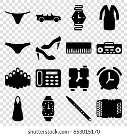 Classic icons set. set of 16 classic filled icons such as shoe, female underwear, dress, desk phone, record player, musical pipe, harmonic, harmonica, cabriolet, wrist watch