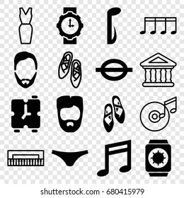 Classic icons set. set of 16 classic filled and outline icons such as man hairstyle, female underwear, music note, ballet shoes, wrist watch for woman, wrist watch with sun