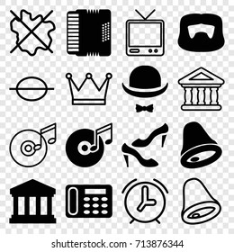 Classic icons set. set of 16 classic filled and outline icons such as man hairstyle, shoe, desk phone, harmonic, disc and music note, hat and moustache, court building, bell