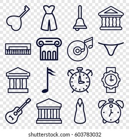 Classic icons set. set of 16 classic outline icons such as Greek column, female underwear, dress, heart key, bank, guitar, music note, disc and music note, court building