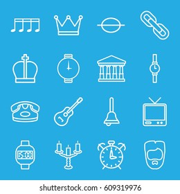 Classic icons set. set of 16 classic outline icons such as court, desk phone, man hairstyle, TV, music note, guitar, bell, candlestick, chain, wrist watch, wrist dial watch