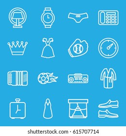 Classic icons set. set of 16 classic outline icons such as crown, man shoe, female underwear, dress, desk phone, record player, harmonic, table lamp, clock, wrist watch, alarm