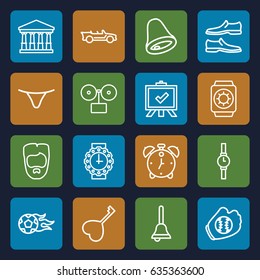 Classic icons set. set of 16 classic outline icons such as court, man hairstyle, man shoe, female underwear, board, heart key, cabriolet, bell, wrist watch