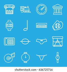 Classic icons set. set of 16 classic outline icons such as greek column, female underwear, desk phone, locomotive, music note, disc and music note, clock, wrist watch