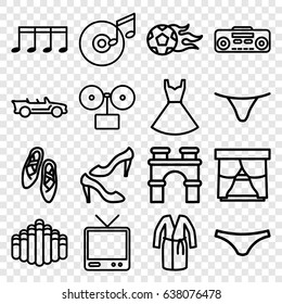 Classic icons set. set of 16 classic outline icons such as arch, shoe, female underwear, dress, tv, record player, harmonica, music note, disc and music note, cabriolet