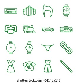 Classic icons set. set of 16 classic outline icons such as man hairstyle, female underwear, dress, locomotive, desk phone, record player, musical pipe, harmonica, cabriolet