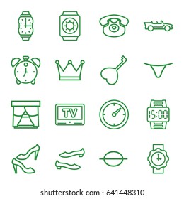 Classic icons set. set of 16 classic outline icons such as shoe, female underwear, heart key, desk phone, music note, cabriolet, tv, clock, wrist watch for woman, wrist watch