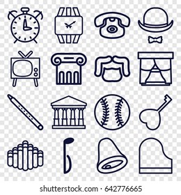 Classic icons set. set of 16 classic outline icons such as court, greek column, man hairstyle, heart key, music note, piano, musical pipe, harmonica, hat and moustache