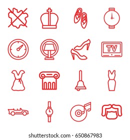 Classic icons set. set of 16 classic outline icons such as greek column, man hairstyle, no wash, shoe, dress, disc and music note, cabriolet, tv, bell, table lamp, clock