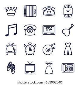 Classic icons set. set of 16 classic outline icons such as desk phone, crown, dress, heart key, tv, music note, harmonic, disc and music note, wrist watch, alarm