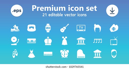 Classic icons. set of 21 editable filled classic icons includes man hairstyle, piano, guitar, music note, tv, ballet shoes, baseball glove, crown, wrist dial watch, alarm