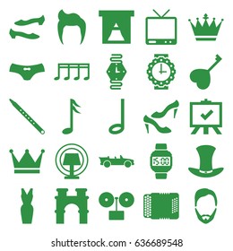 Classic icons set. set of 25 classic filled icons such as arch, man hairstyle, crown, shoe, female underwear, dress, board, heart key, tv, musical pipe, harmonic, music note